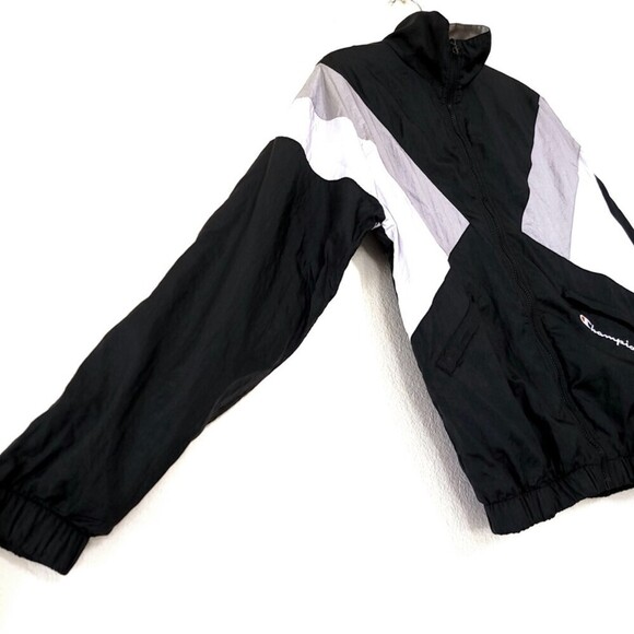 CHAMPION Nylon Athletic Windbreaker Track Jacket Black White Colorblock 90s y2k - Picture 6 of 14